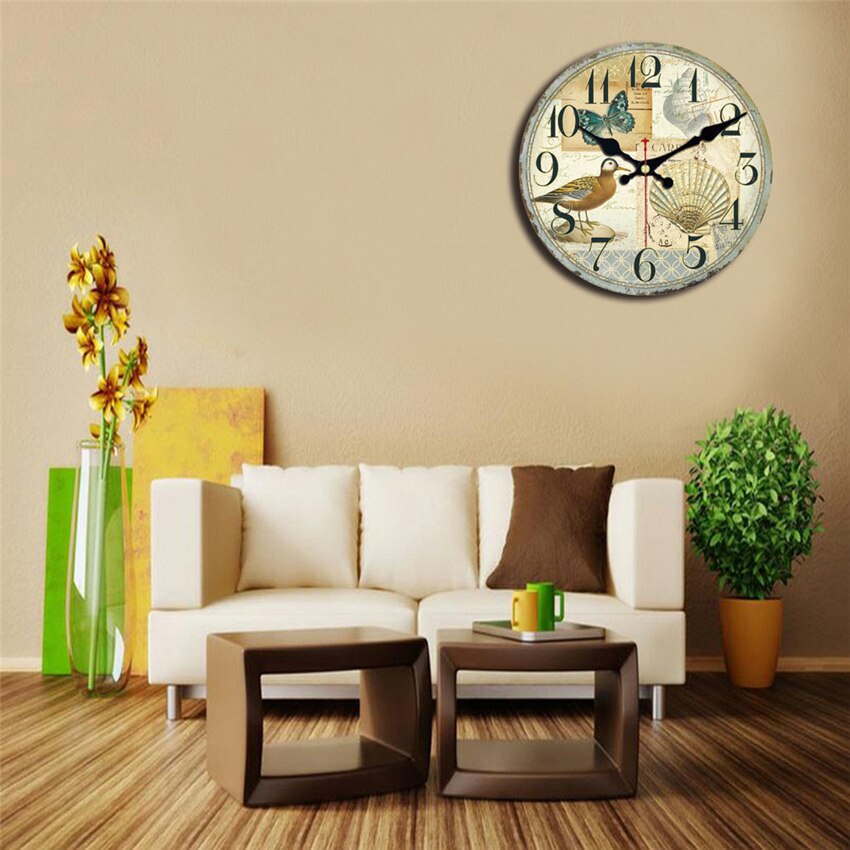 Reloj de pared de madera Vintage con pájaros con flor, país francés, romántico, desgastado, Chic, 12 &quot;, números romanos decorativos grandes, batería analógica