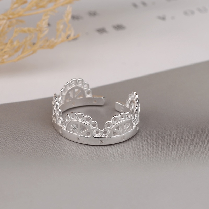 925 Sterling Silver Literary Crown Sweet Fresh Temperament Personality Korea Female Resizable Opening Rings SRI133