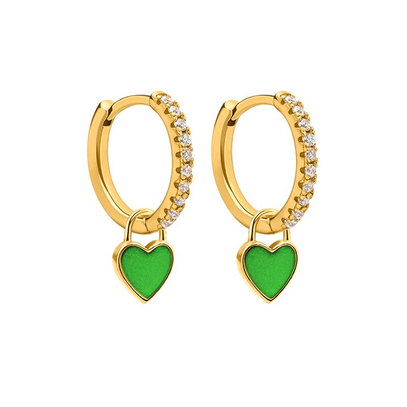 GS 925 Sterling Silver Hoop Earrings With Cute Candy Neon Color Enamel Heart Charm Earring Gold Silver Color For Girls: gold-green