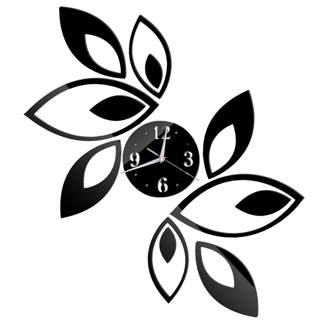 Removable DIY 3D Acrylic Clock Mirror Lotus Wall Sticker Mural Decals Black