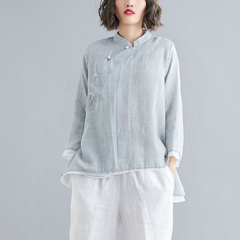 Ropa tradicional china para mujer, traje Tang de gasa de Tai Chi, Top de traje femenino, camisa de lino de Kung Fu, Blusa de manga larga, Top Qipao: Color2