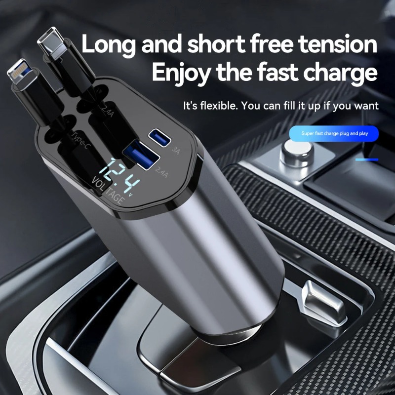 Intrekbare Autolader, 4 In 1 Snelladende Autolader 120W, Intrekbare Kabel En 2 Usb-Poorten Autolader Adapter Compatibel