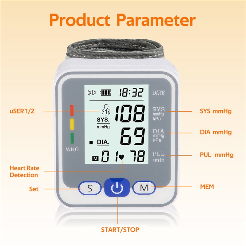 Monitor inteligente de presión arterial, esfigmomanómetro de muñeca, Monitor de presión arterial, pulsómetro, tonómetro portátil tensiometros digitales de brazo medidor de presión arterial baumanometro digital esfigmom