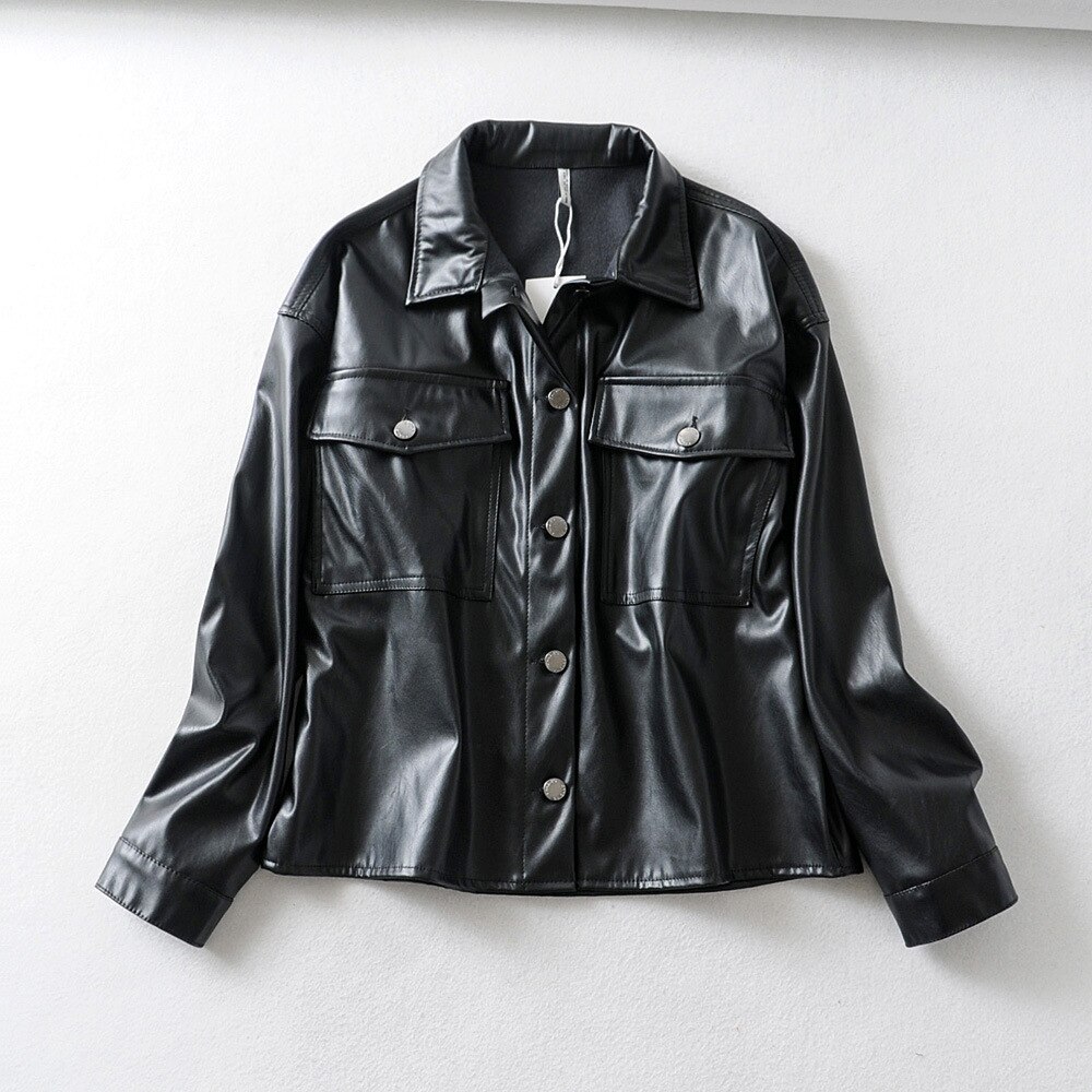 Autumn PU Leather Jacket Women Soft Faux Leather turn down collar Pocket Outwear Coat Black loose short jackets Trench: S