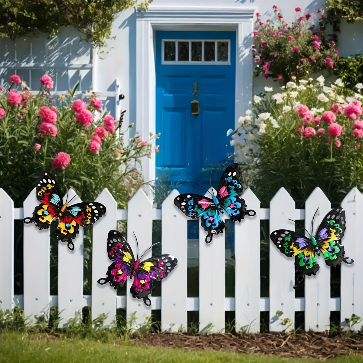 4-pack kleurrijke metalen vlinder kunst aan de muur - ijzeren slinger decor voor tuin, yar balkon buiten hek kunst decoratie ideaal cadeau