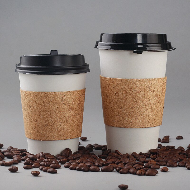 50 stuks dikke witte papieren wegwerpbekers voor koffie, 250ml kleine bekers voor sap, water en drank, met deksels en bruine mouwen