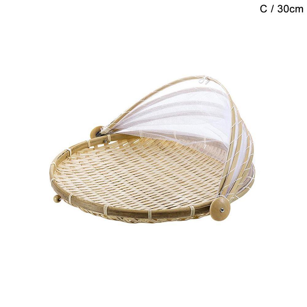 Hand-woven Bamboo Insect-Proof Dust-Proof Basket Picnic Round Dustpan Vegetable Fruit Bread Mesh Gauze Cover Basket: 30cm