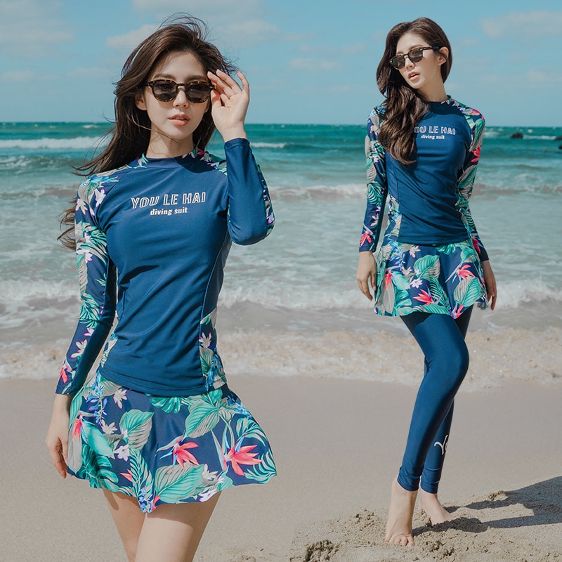 Koreaanse Mode Vrouwen Split Drie Badpak Lange Mouw + Broek + Bloemen Rok Uv Swim Surf Kleding Volledige cover Badmode