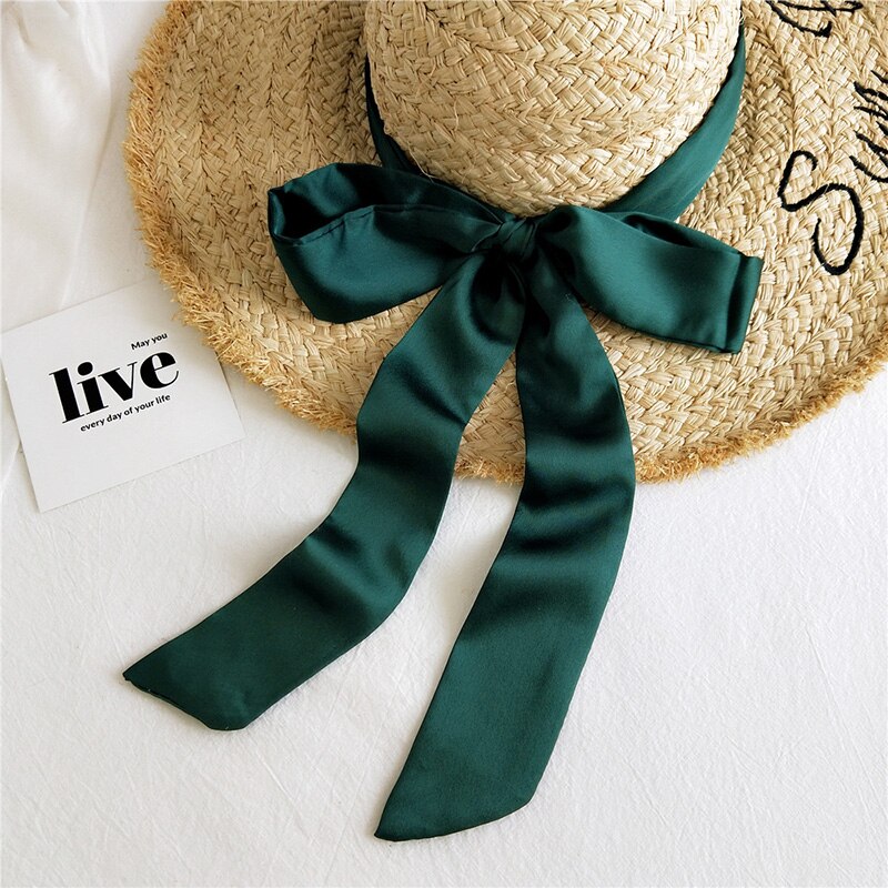 Solid Color Small Neckerchiefs Women Long Ribbon Hairband Satin Silk Scarf Lady Belt Tie Handbag Ribbons Hair Scarves: blackish green