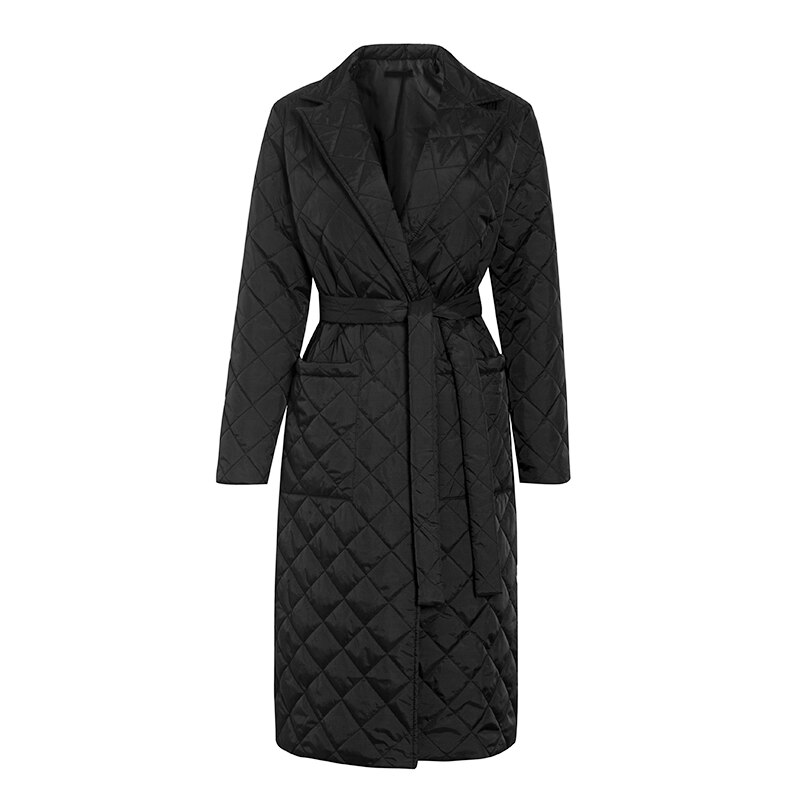 LUZUZI-abrigo largo argyle para mujer, parkas finas con cuello, abrigo con cinturón, abrigo a cuadros para invierno: Black / M