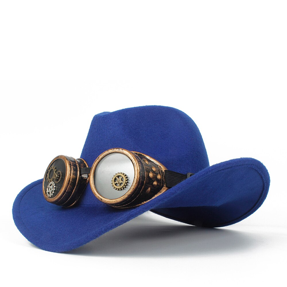 Sombrero de vaquero Steampunk para Hombre y mujer, Sombrero de lana con agujeros en el exterior, estilo occidental, Jazz, talla 56-58: Blue