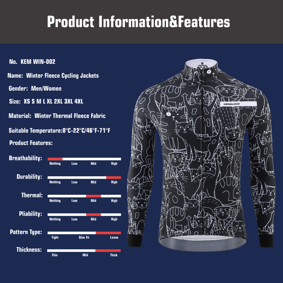 Kemaloce Winter Wielerjassen Heren Fleece Lange Mouwen High End Bike Jacks Zwart En Wit Thermisch Stof Mtb Fietskleding