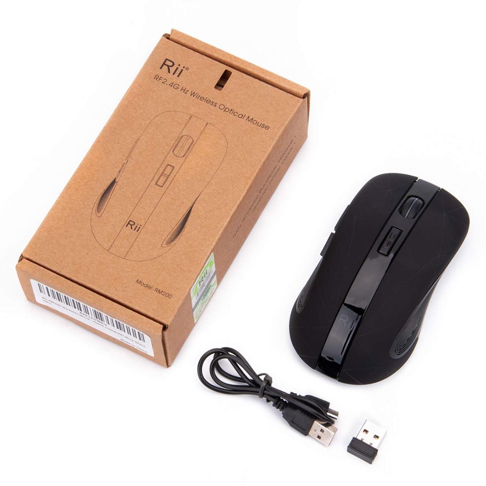 Rii RM200 2.4G Draadloze Muis 5 Knoppen Oplaadbare Mobiele Optische Muis met USB Nano-ontvanger, 3 verstelbare DPI Niveaus voor PC