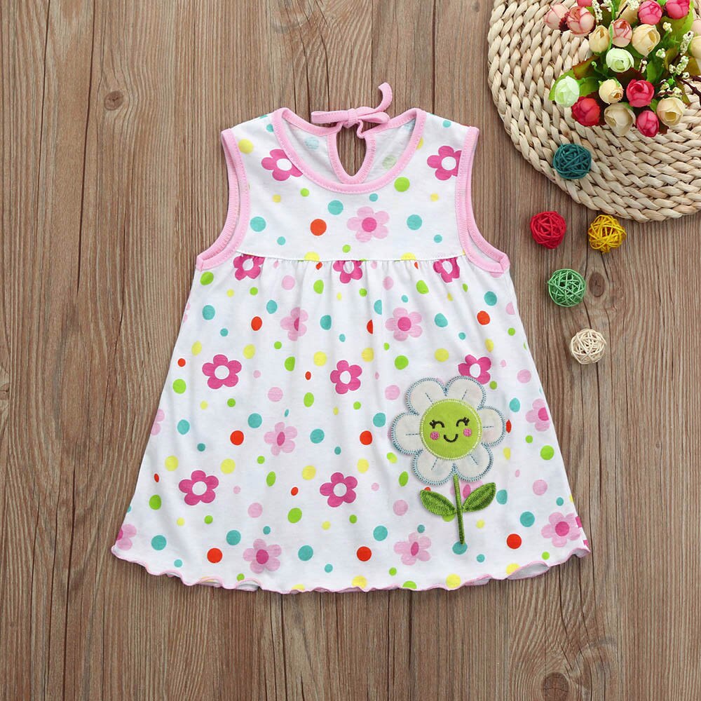 Sommer Mädchen Kleid Kleinkind Nettes Baby Baumwolle Blume freundlicher Punkt Abschläge T-Shirt Weste Ärmelloses Mädchen lässig freundlicher Kleidung: A