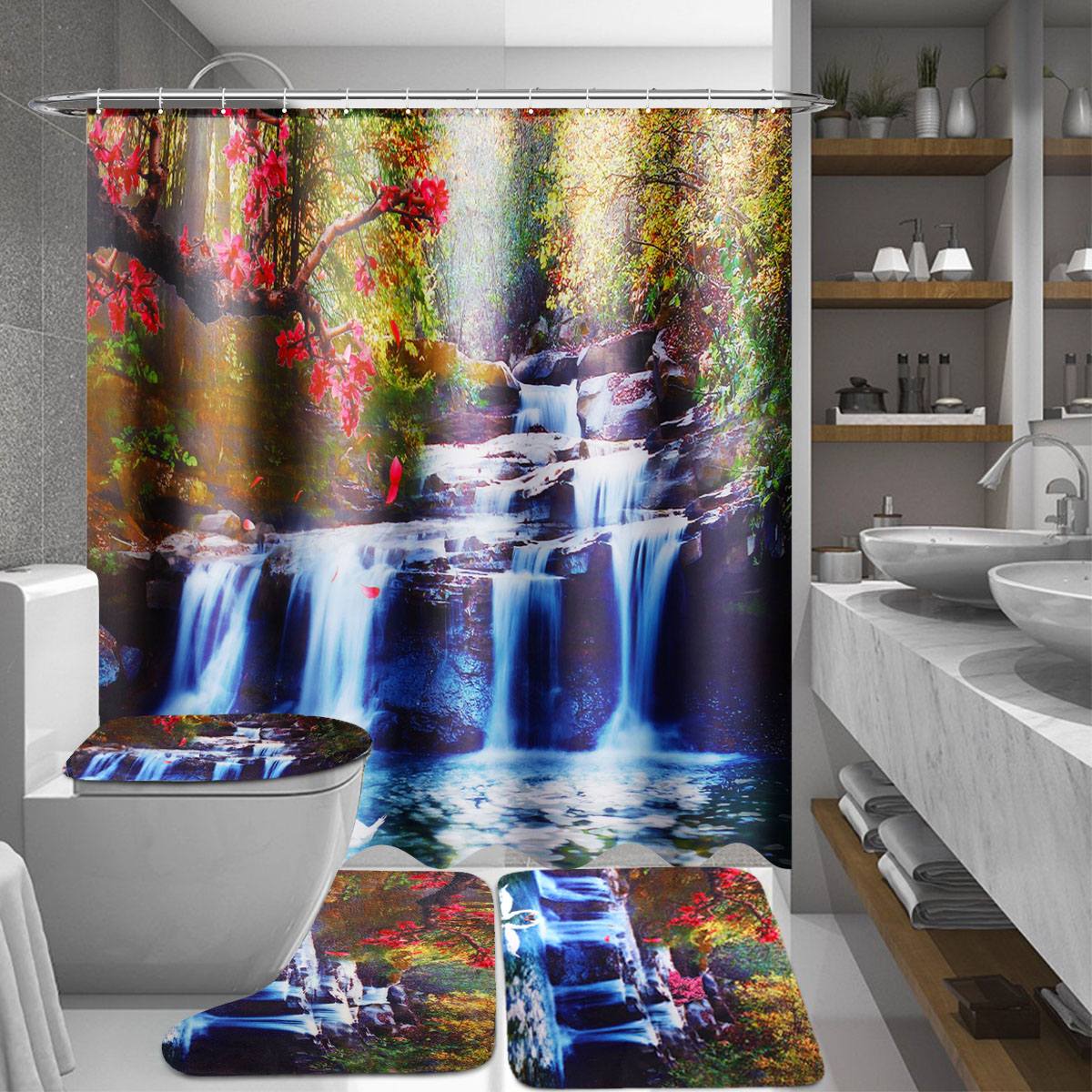 3D Waterval Landschap Waterdicht Douchegordijn Badkamer Landschap Bomen Bloem Badmat Set Voetstuk Tapijt Deksel Wc Cover: I set