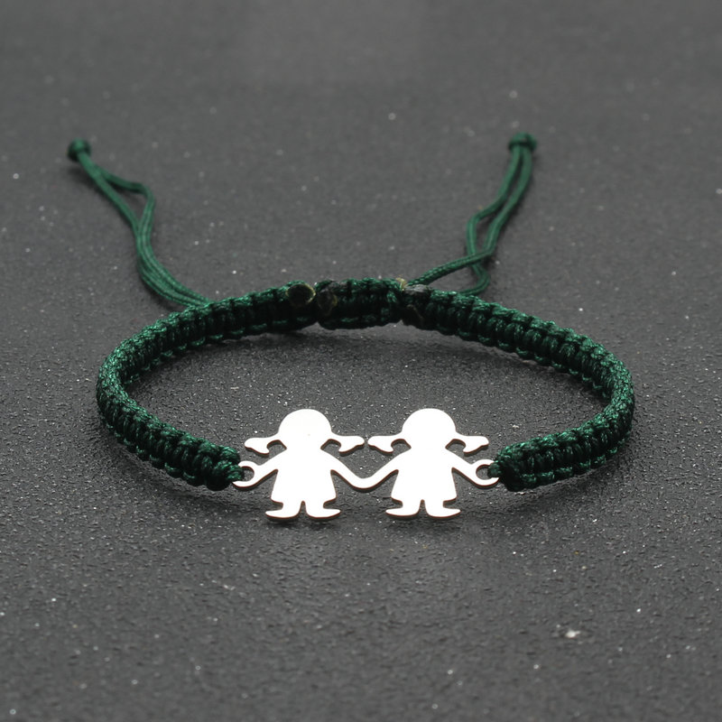 Stal nierdzewna śliczne Twin Little Girl Charm bransoletka czarna lina pleciona regulowane bransoletki dla kobiet biżuteria Mujer Pulsera: Dark green