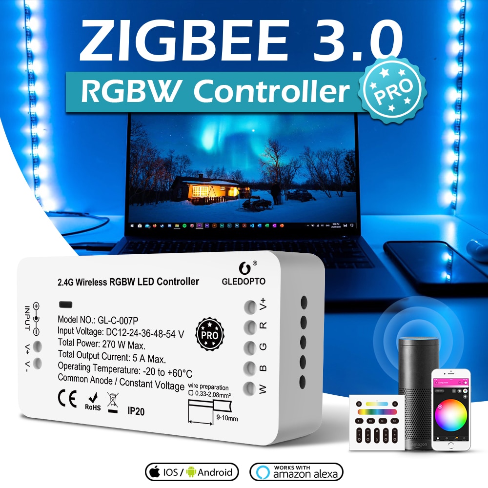 GLEDOPTO ZigBee 3.0 Smart LED Controller PRO RGBW RGB+CCT Dimmer Controller Voice Control work Alexa Google Home SmartThing H*UE