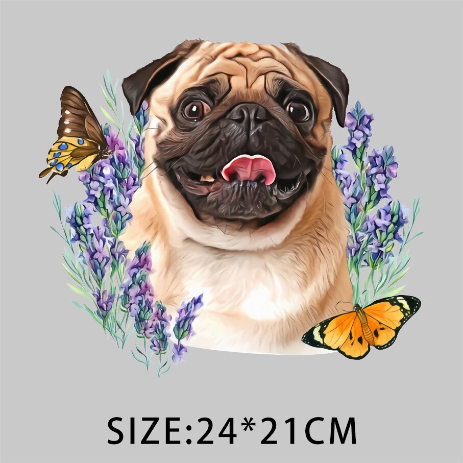 Mopshond bloemenpatronen, thermische transferprint patches voor kleding, doe-het-zelf t-shirt strijkpatches, strijkstickers: Ty -152-1