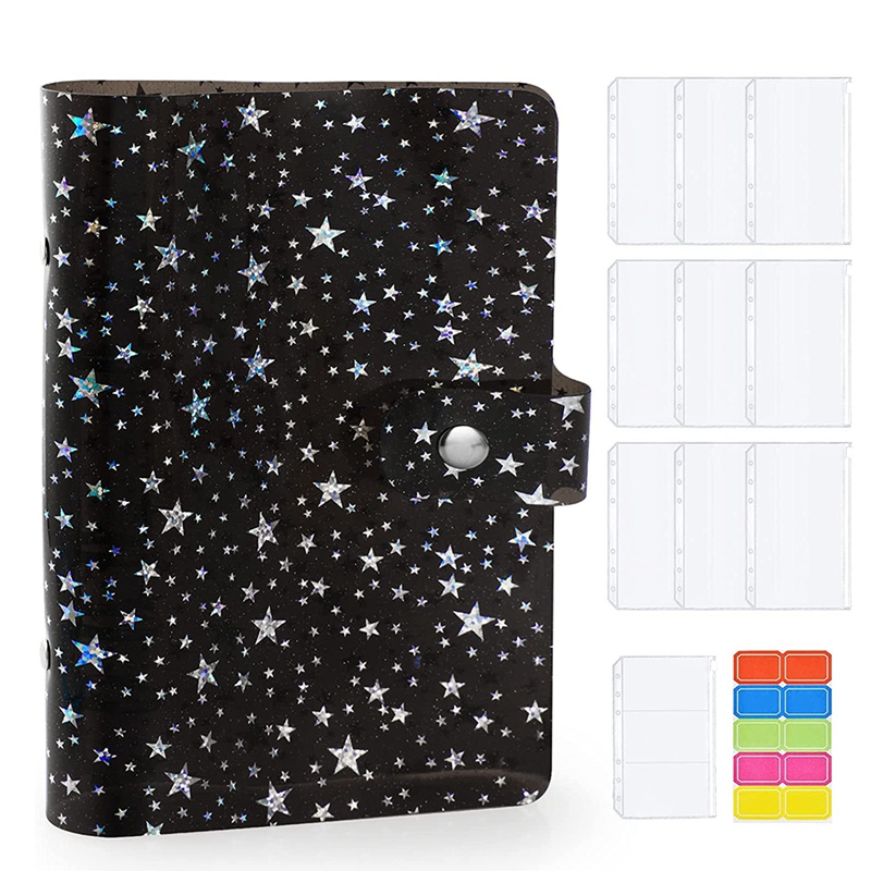 11Pcs A6 Budget Binder PVC 6 Ring Refillable Binder Cover with 9 Binder Pockets/1 Binder Card / 1 Label: Black