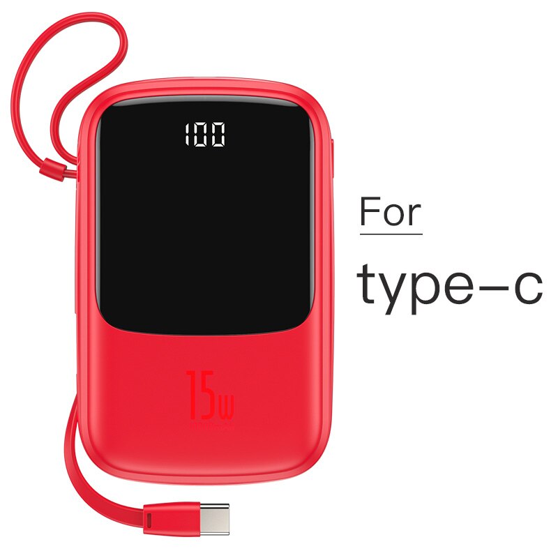 Baseus 10000mAh Mini Power Bank Built in Cables PowerBank External Battery Charger For iPhone 12 11 Pro Xiaomi Samsung Huawei: Red Type-C Cable