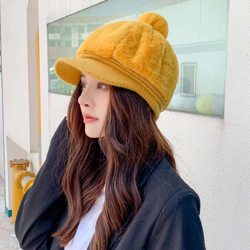 Novo inverno elegante chapéu feminino boinas quentes chapéu de pele grosso quente malha boné de ouvido moda estudante menina boné feminino marcas boina bonés: Yellow