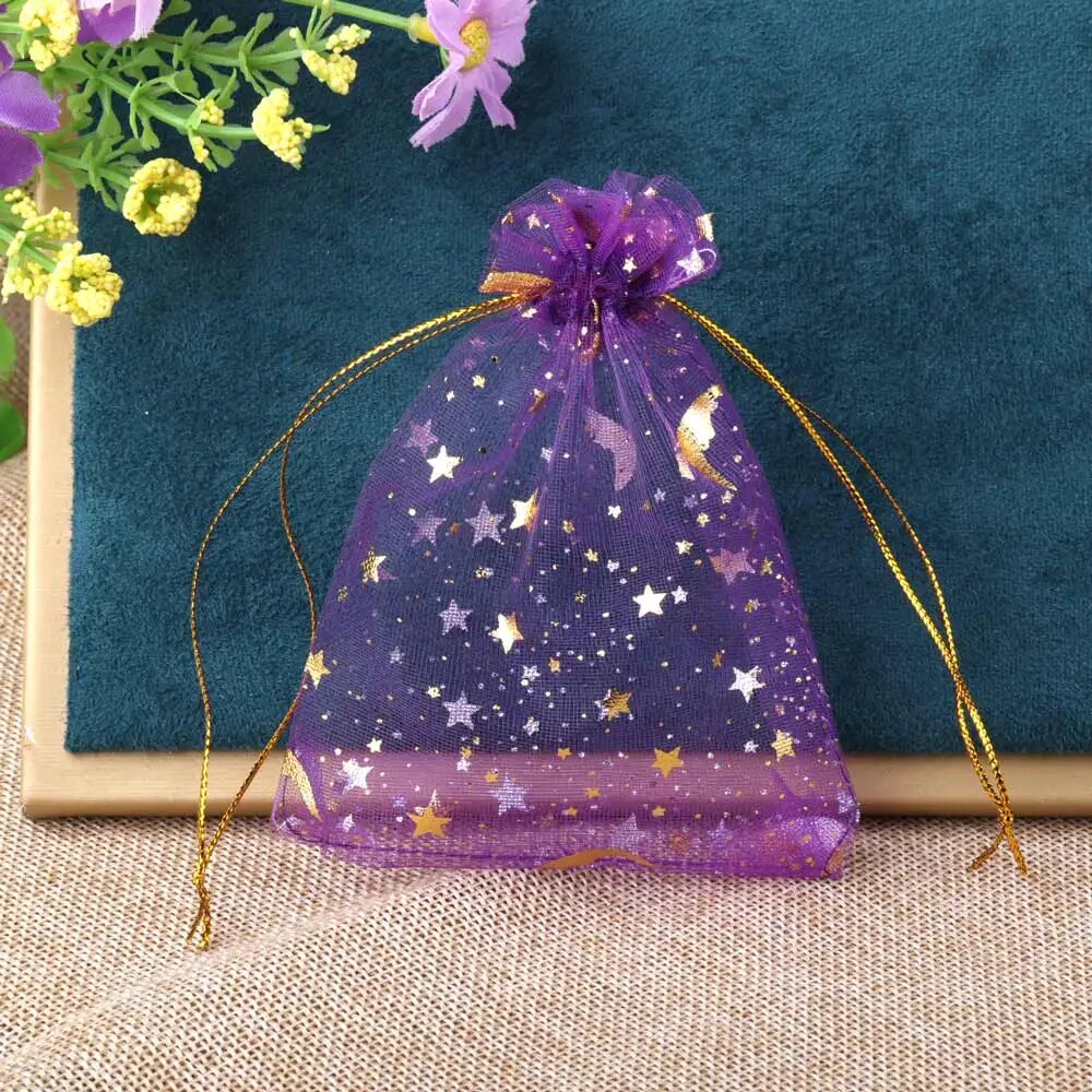 Sac en organza lune et étoile, pocommuniste multicolores pour fête de mariage, sac à bonbons, emballage de bijoux, 7x9 cm, 9x12 cm, 10x15cm, 50 pièces par lot