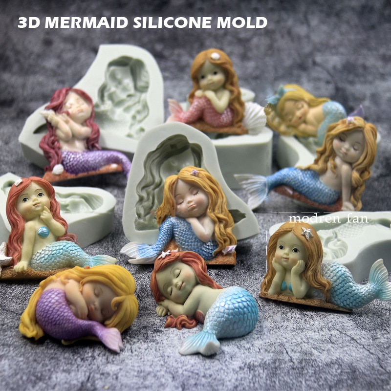 3D Slapen Mermaid Siliconen Mal DIY Cake Fondant Chocolade Snoep Maken Mold Zeep Klei Mal voor Baby Verjaardag Taart Decoratie