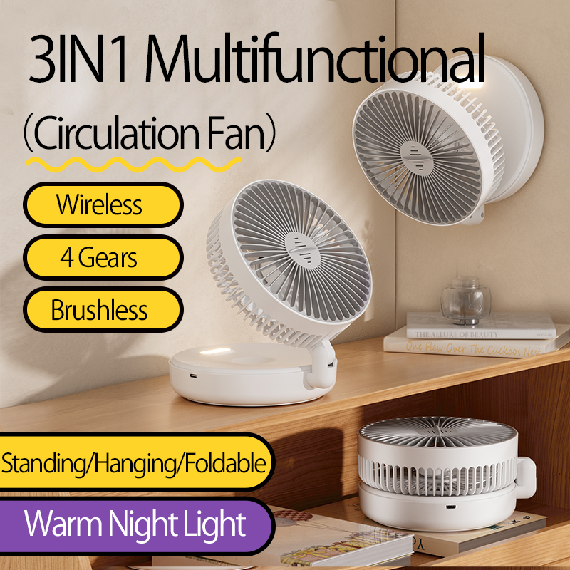 2024 Neuer Stil 5000 mAh kleiner tragbarer Ventilator, wiederaufladbarer Wandventilator 90 ° Faltbarer Tischventilator mit 4 Gängen und warmem Nachtlicht
