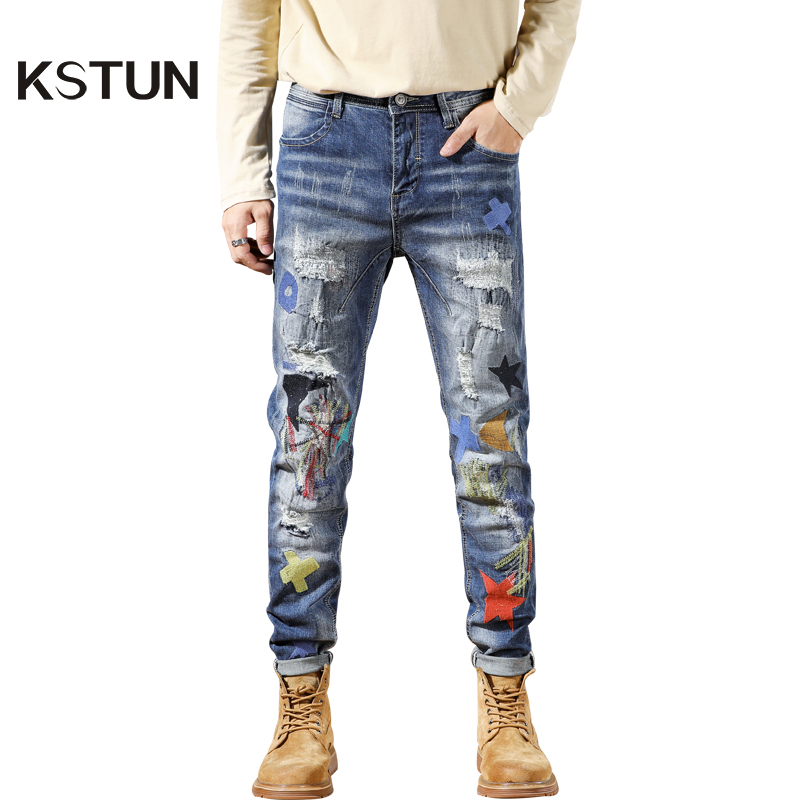 Moto i jeansy dla motocyklistów mężczyźni szczupły dopasowanie rozciągać niebieski biodro chmiel niejednolita całość sztucznie postarzane spodnie dżinsowe z dziurami dla mężczyzn wytarte dżinsy spodnie streetwear