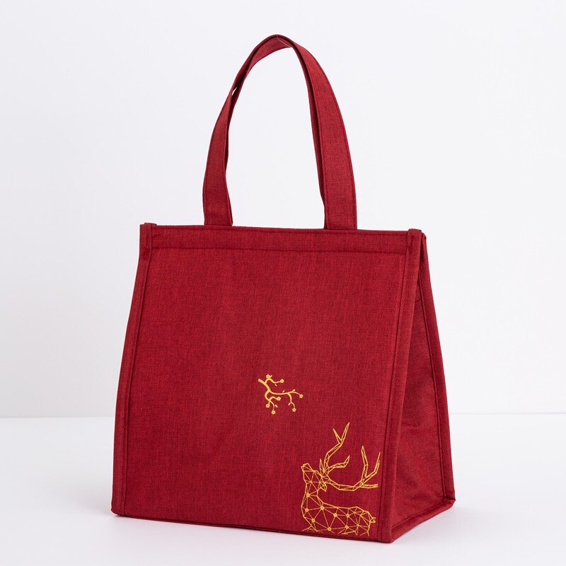 Chinese Red Fuku Deer Tote Waterproof Oxford Cooler Bags Portable Zipper Thermal Lunch Bags For Women Lunch Box Tote Food Bags: Red S