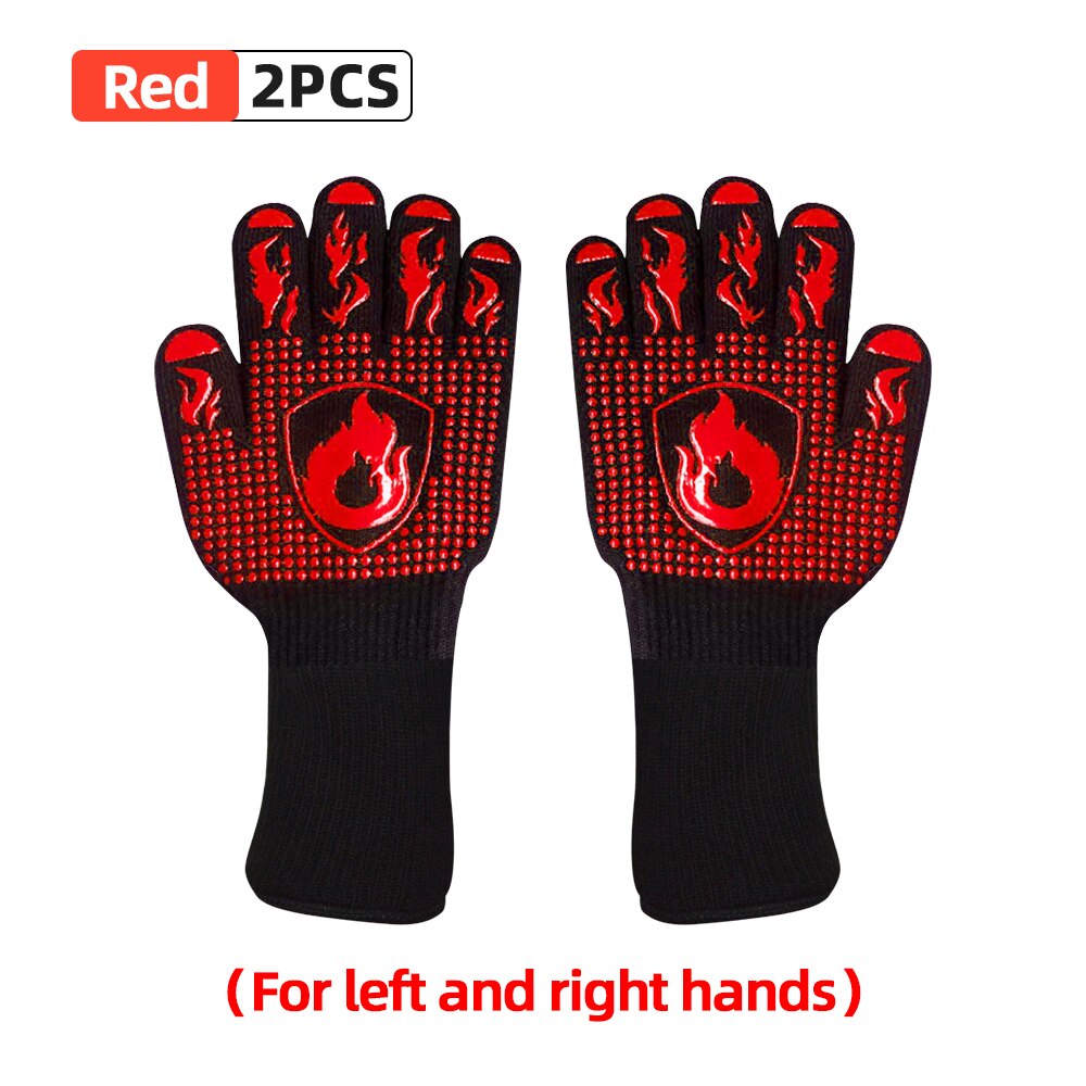 BBQ Grill Gloves High Temperature Resistance 800 Degrees Fireproof Heat Insulation Glove Cooking Baking Barbecue Microwave Oven: One Pair-Red B