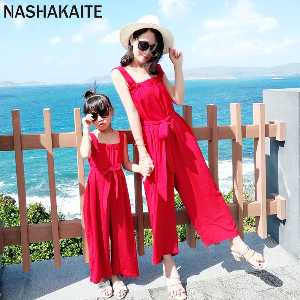 Nashakaite mama en ik kleding zomer rode tanktop met riem bijpassende jumpsuit strand moeder en dochter jumpsuit