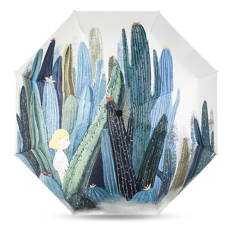 Nueva paraguas lluvia mujer Cactus dibujado a mano paraguas con mango de madera Parasol solar paraguas a prueba de viento