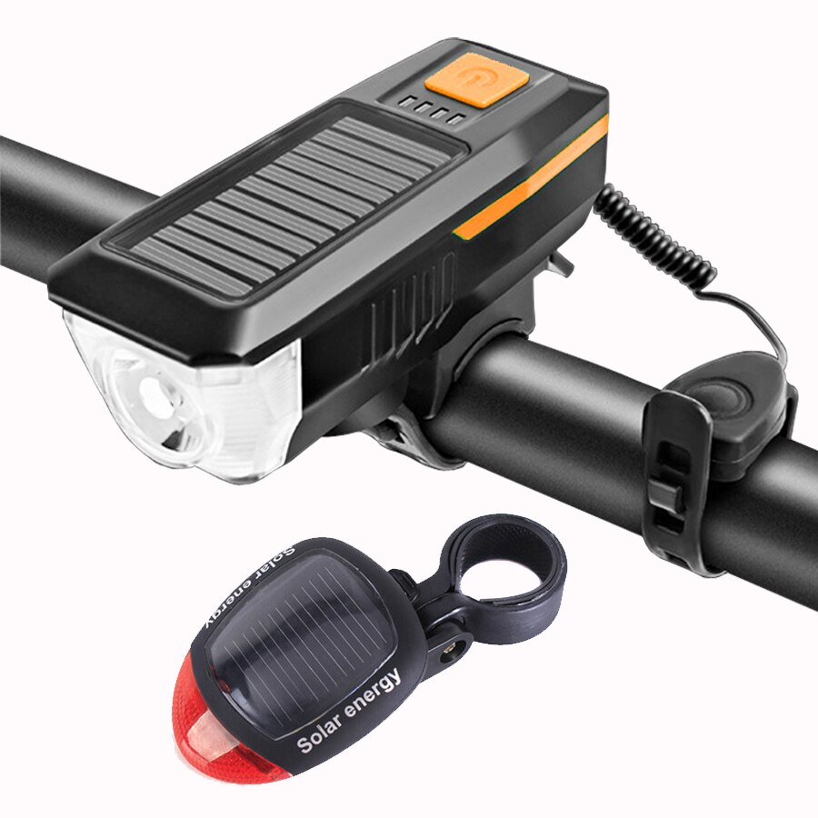 NEWBOLER 350 Lumen Solar Fahrrad Licht Vorne USB Aufladbare LED Fahrrad Lichter Glocke Wasserdicht Radfahren Lampe Scheinwerfer Rücklicht Set: Orange Set