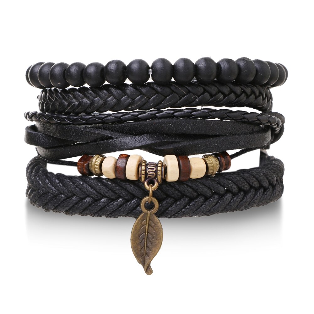 Ifmia Zwarte Mannen Armbanden Vintage Multilayer Leather Braid Armbanden Armbanden Leaf Handgemaakte Rope Wrap Armbanden Mannelijke Jewlery: IF4911490