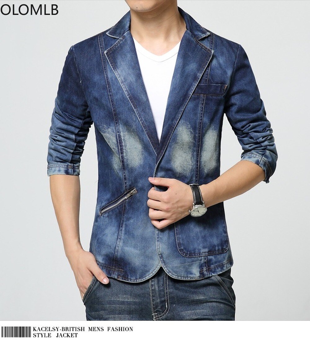 Mens Denim Jeans Lapel Collar One Button Coat Blazer Suit Motorcycle Casual Jacket Slim Fit Plus Size S-4XL