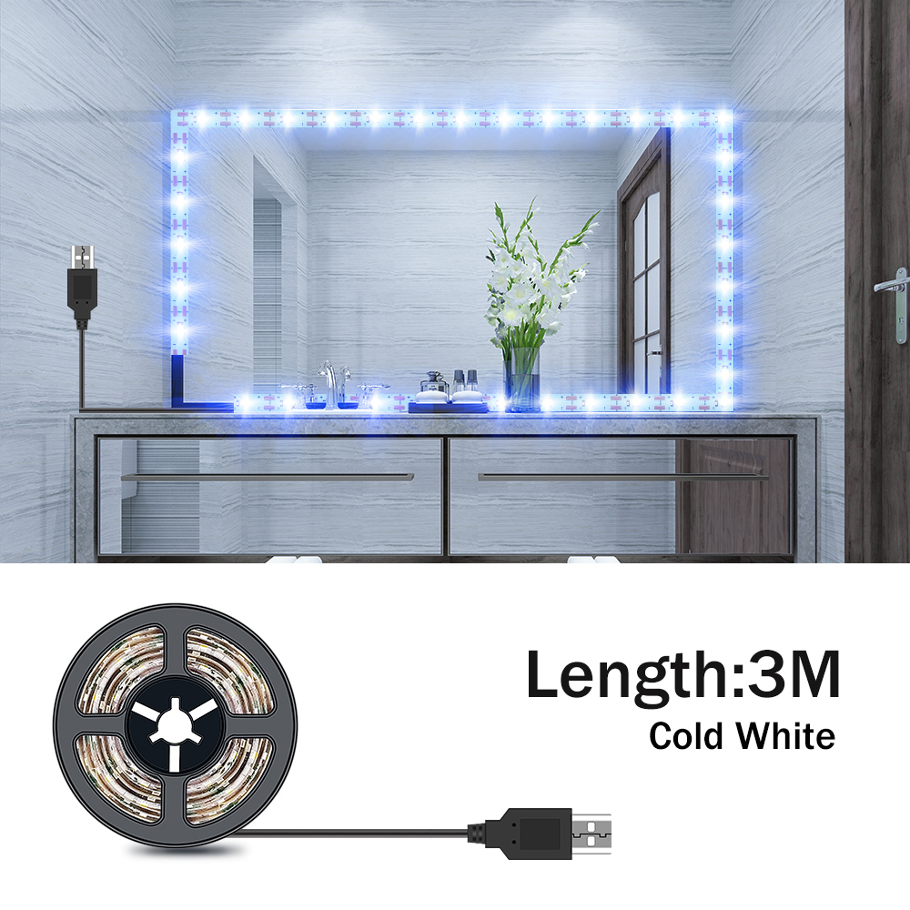 Usb Make-Up Spiegel Strip Lamp Led Niet Waterdicht Strip 12V Make Spiegel Licht 0.5 1 2 3 4 5 badkamer Kaptafel Verlichting: 3M Cold White