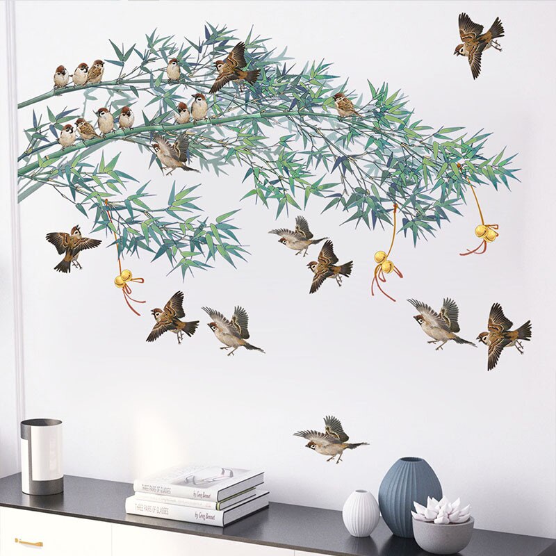 Chinese Inkt Schilderij Bamboe Vogels Muurstickers Voor Woonkamer Slaapkamer Sofa Tv Achtergrond Decor Vinyl Muurstickers Home Decor