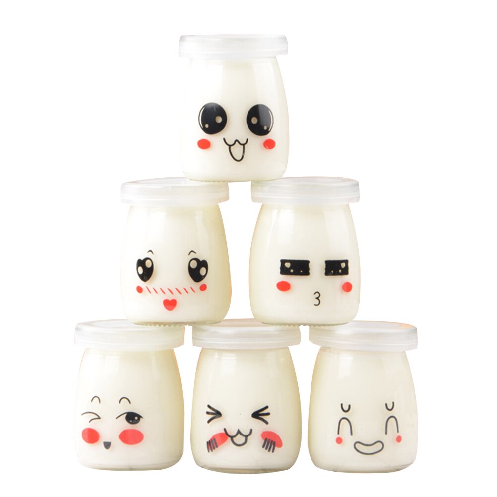 6 Stuks 100Ml Pudding Flessen Leuke Gezicht Hittebestendig Glas Gelei Yoghurt Pot Containers (Willekeurig Patroon)