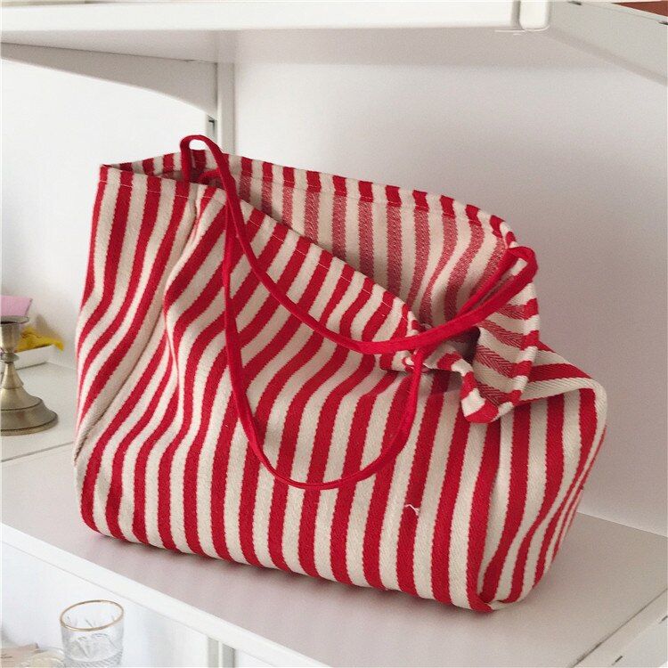 Cotton Stripe Canvas Shopping Tote Shoulder Carrying Bag Eco Reusable Bag Zippered Small Shopping Bag: red