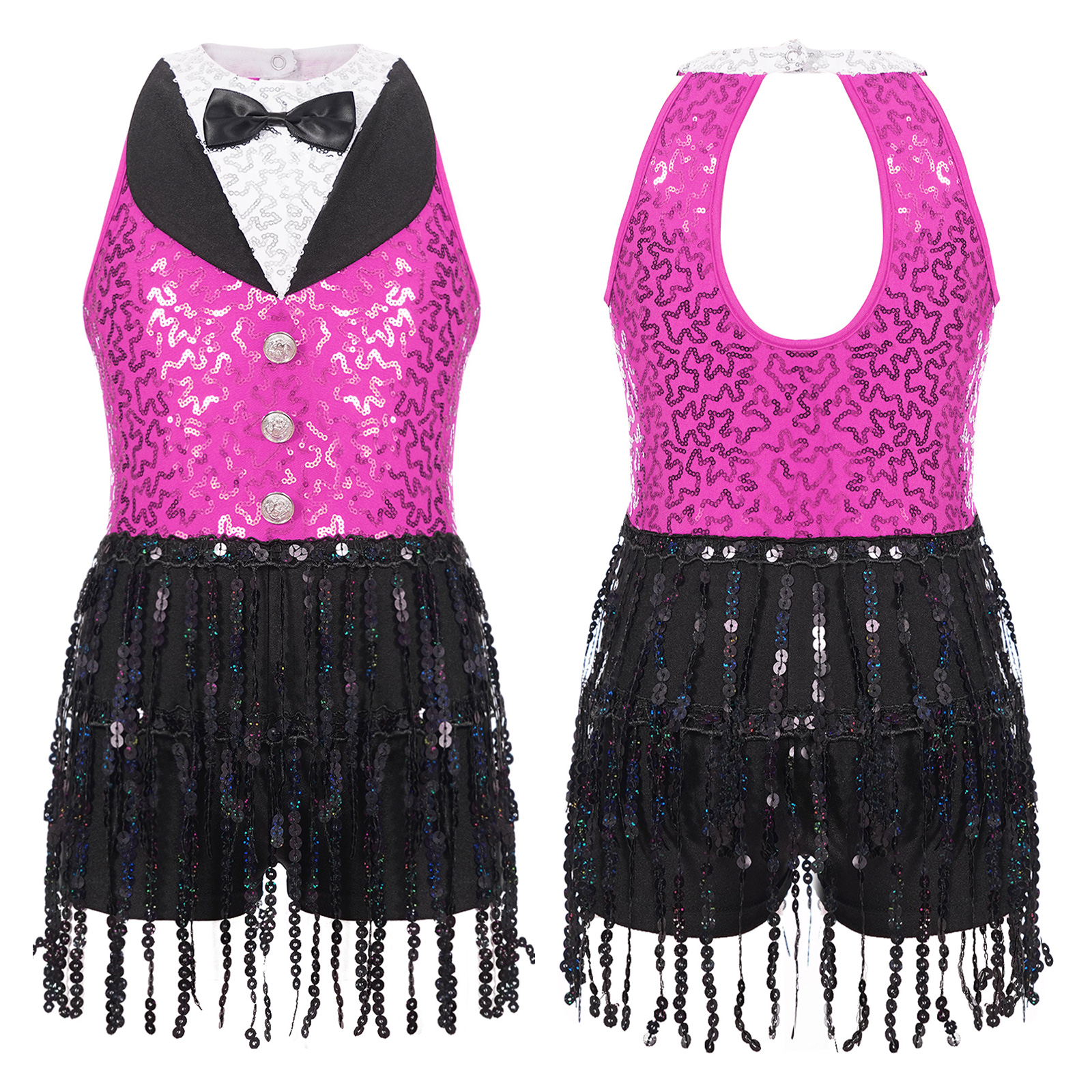 Children Girls Latin Jazz Dance Cha-cha Samba Stage Performance Costume Sleeveless Shiny Sequin Tassel Boyshorts Dress Dancewear