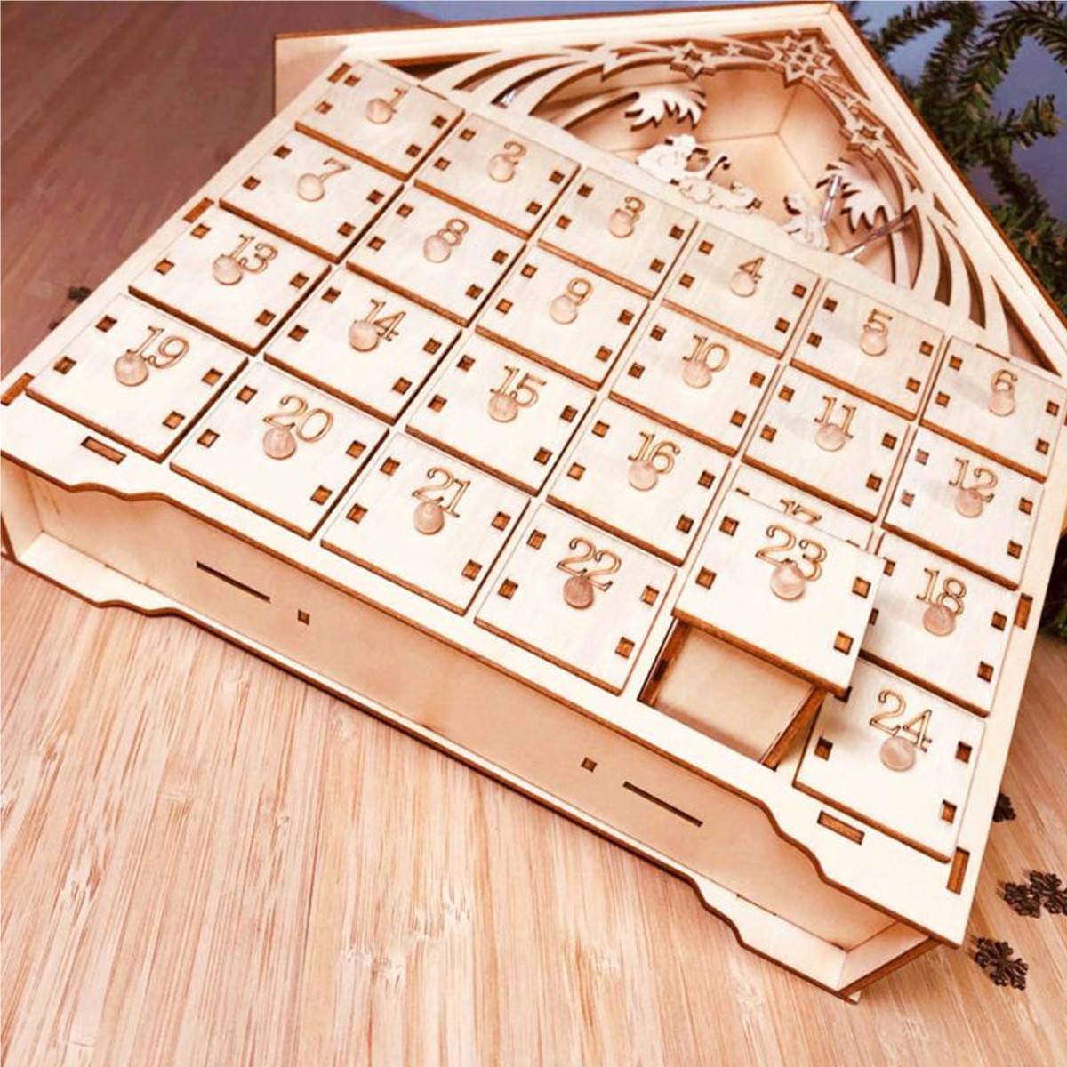 Houten adventskalender, aftellampjes, kerstverlichting, 24 uittrekbare lades, led-lampjes, kerstversiering, adventskalender
