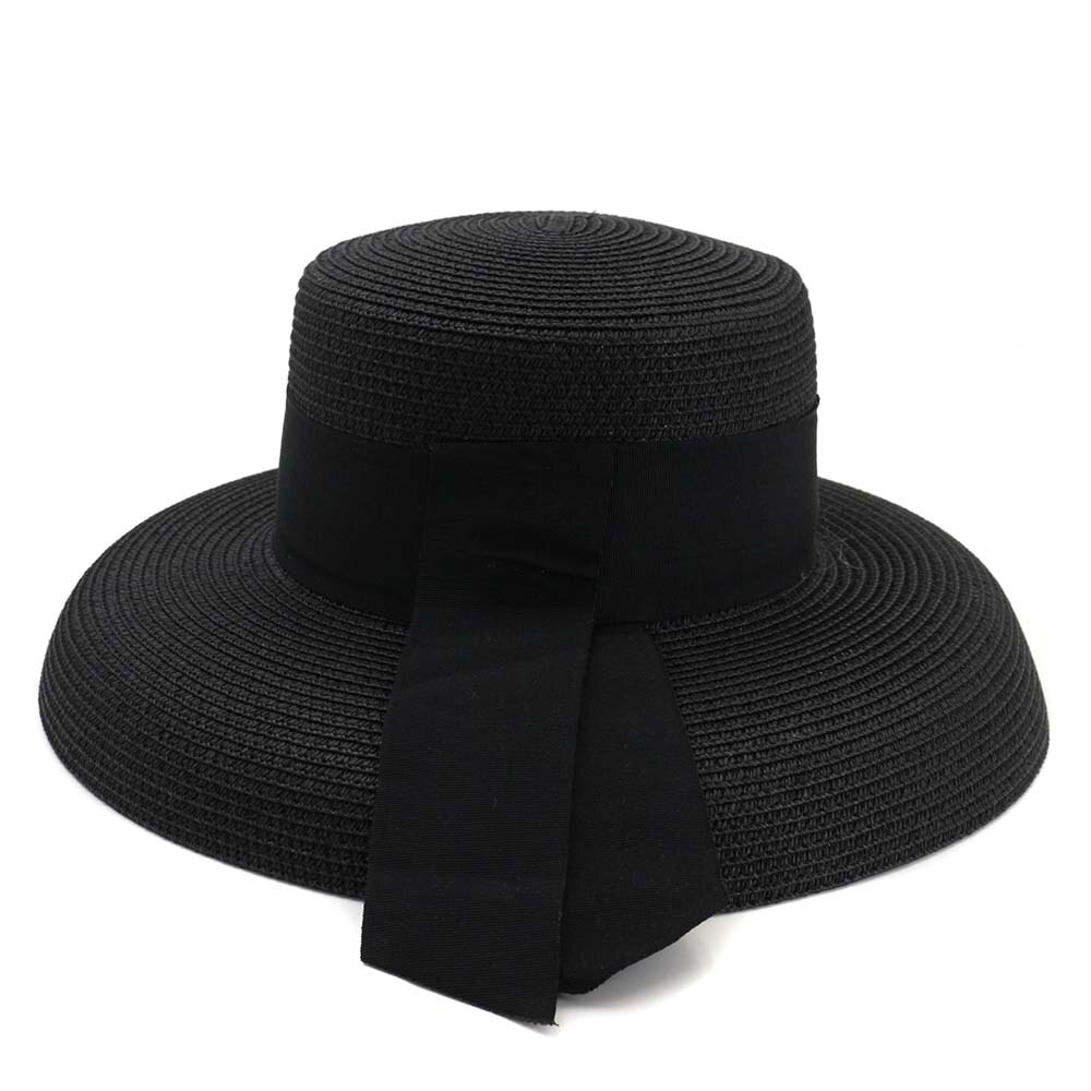 Zomer Stro Hepburn Stijl Grote Dakranden Vrouwelijke Outdoor Reizen Strand Seaside Zonnehoed Zonnehoed Mode Hoed Met lint: Black