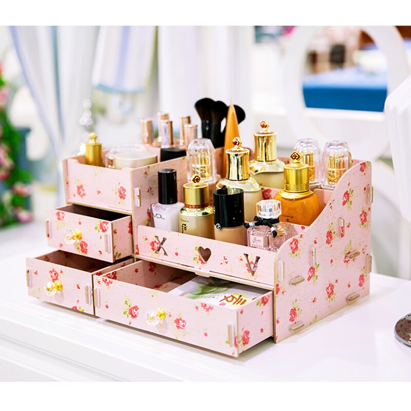 Multifunktions træ desktop opbevaringsboks makeup organizer taske kosmetisk opbevaringsboks gør det selv store makeup organizer skuffer