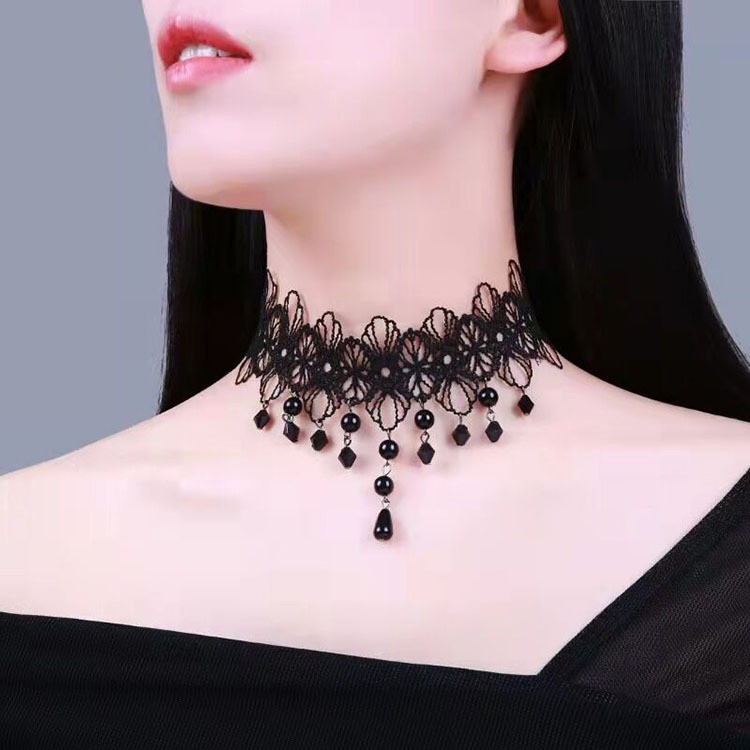 Gothic Victorian Black Lace Necklace Women Girl Boho Crystal Tassel Sexy Choker Steampunk Dark Loli Style Halloween Jewelry: ROSE GOLD COLOR