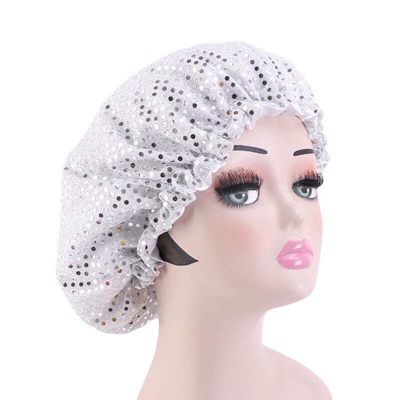 Grand Bonnet en Satin doublé pour femmes, grande taille, paillettes, soie, pour dormir la nuit, couvre-tête,: WHITE