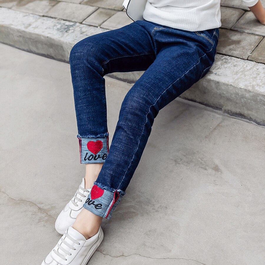 Teenager pige smarte jeans 6y-16y store piger casual denim bukser forår efterår teenager børn bogstav almindelige jean bukser 6 8 10 12 14 16