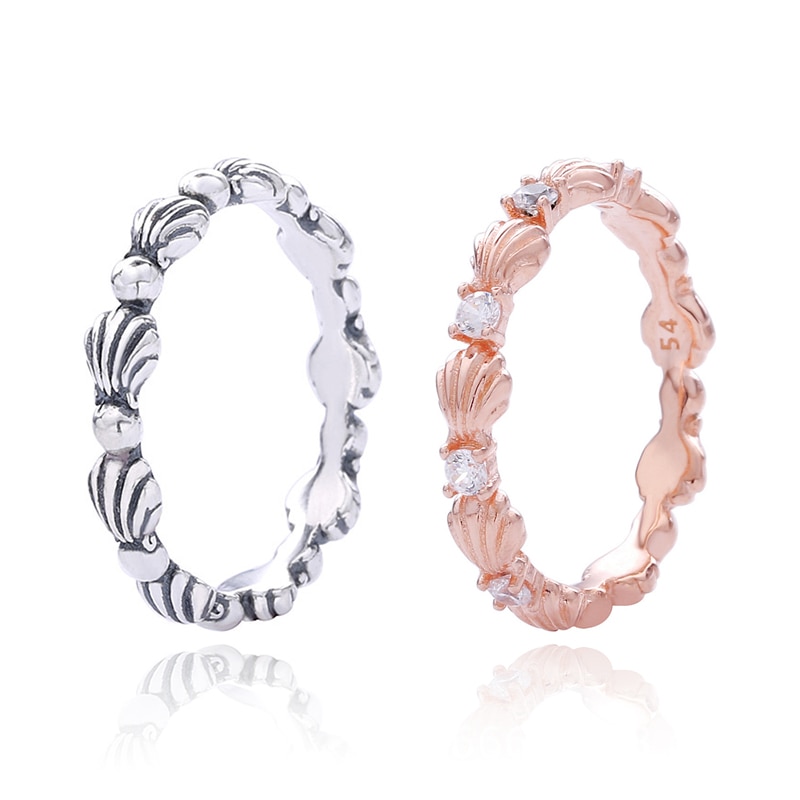 Authentic 925 Sterling Silver Beaded Seashell Band Ring Sparkling Rings For Women Original DIY Jewelry