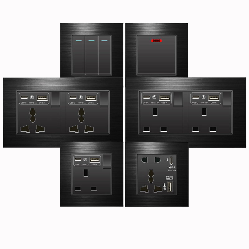 Rustfrit stål sort universal 18w c-type hurtigopladning dobbelt strømstik , 220v væglamper 2- -vejs afbryder , uk 13a væglamper dobbelt usb