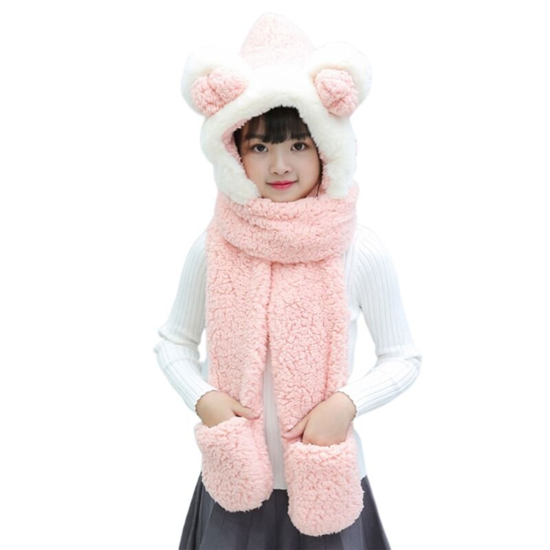 Toddler 3 In 1 Warm Plush Winter Hat Cute Bowknot Bear Ears Kids Scarf Mitten Gloves with Pockets Earflap Hoodie Cap: Light Pink